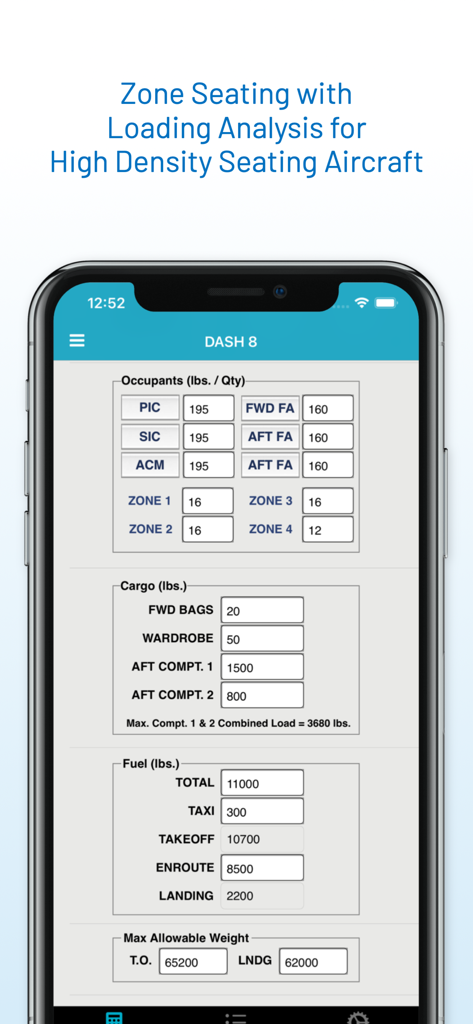 iFly Weight and Balance app interface showing zone seating loading analysis for a Dash 8 aircraft
