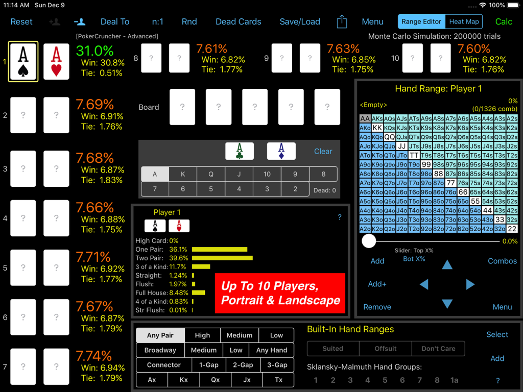 PokerCruncher for iPad - Adv - Advanced Texas Holdem odds calculator and hand range analysis interface for iPad