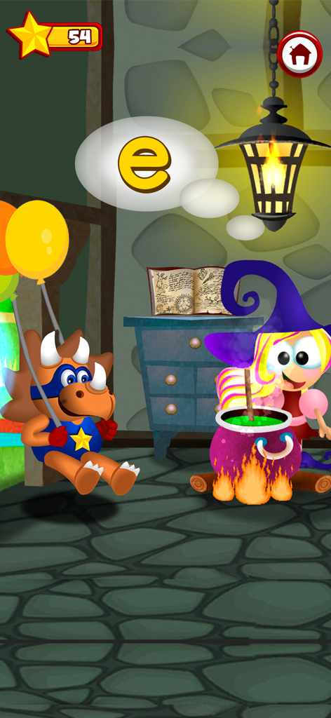 Kids Reading Games: ABC Dinos - Uma bruxa mexe um caldeirão mágico ao lado de um herói tricerátopo com uma fala mostrando a letra e