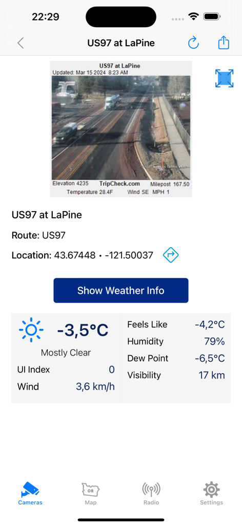 Real-time camera feed and weather data for US97 at LaPine in the Oregon Road and Traffic Cams app