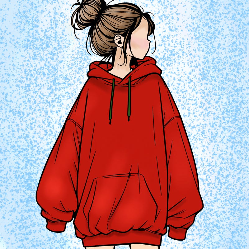 realistic girl with a oversized sweatshirt on and a bun