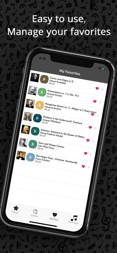 Classical Music Song Ringtones - パッヘルベルやブラームスの曲をリストしたクラシック音楽着メロアプリのお気に入りセクションを表示するiPhone画面