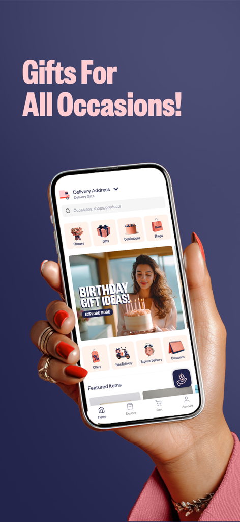 Ein Smartphone zeigt den Startbildschirm der Bleems App mit Geschenkekategorien für verschiedene Anlässe