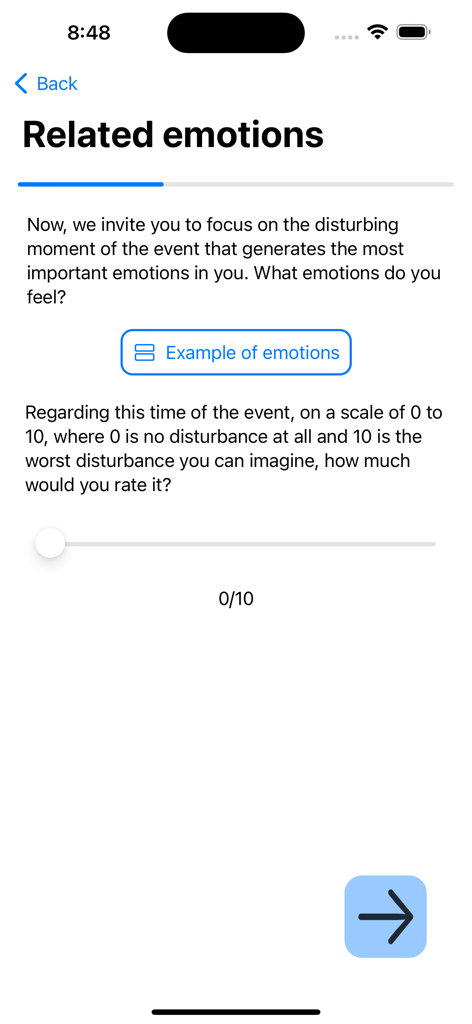 EMDR Assist+ - Tela do aplicativo EMDR Assist plus para identificar emoções e classificar a perturbação psicológica em uma escala de zero a dez