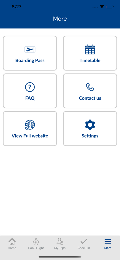 Smartwings - Smartwings app menu screen showing options for boarding pass, flight timetable, FAQ, contact us, and settings.