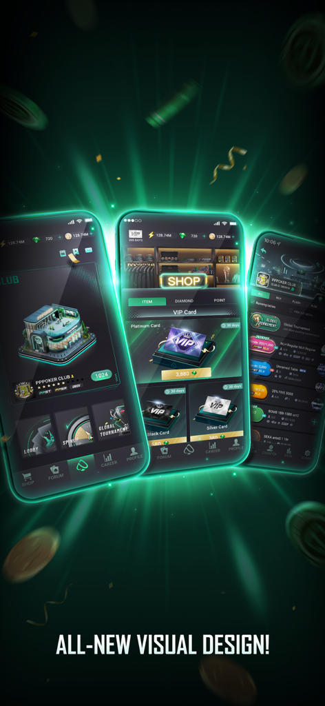 Interfaz de la aplicación móvil PPPoker USA mostrando el nuevo diseño visual para clubes de póker y la tienda VIP