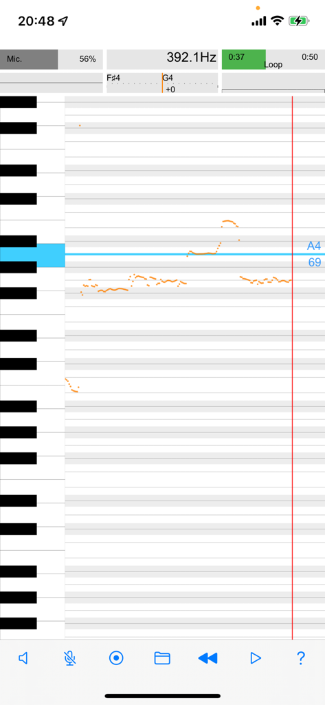 Vocal Analyzer Z - Vocal Analyzer Z app showing real time pitch analysis on a rolling graph with a piano keyboard
