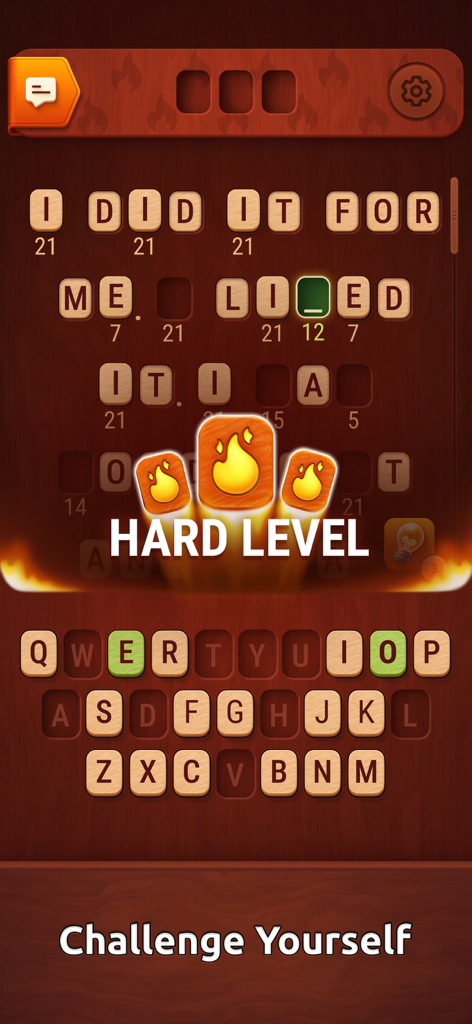 Colorwood Words - Cryptogram - Hard level gameplay screen in Colorwood Words Cryptogram with wooden puzzle blocks and letter keyboard
