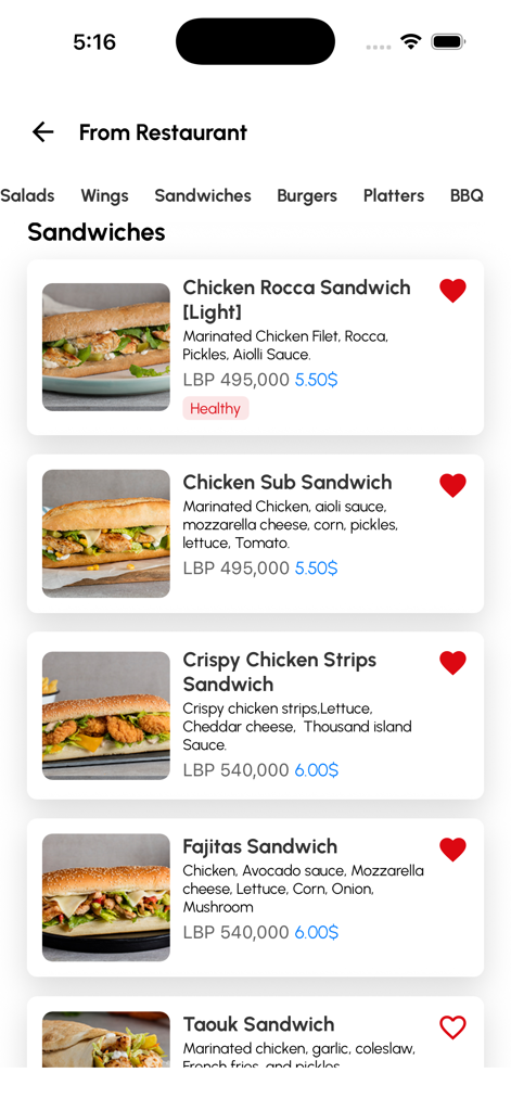 Hawa Chicken - Menú de la aplicación móvil Hawa Chicken mostrando varios sándwiches de pollo con imágenes y precios