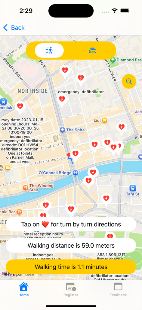 AED Finder map showing nearby defibrillators with walking distance and time
