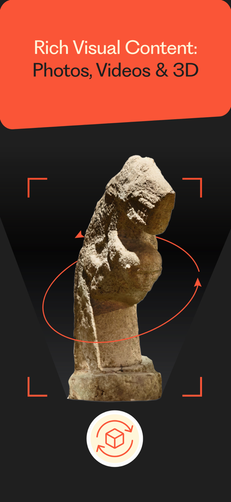 StoneMounds - Interface do aplicativo StoneMounds exibindo um modelo 3D interativo de uma antiga estátua de pedra