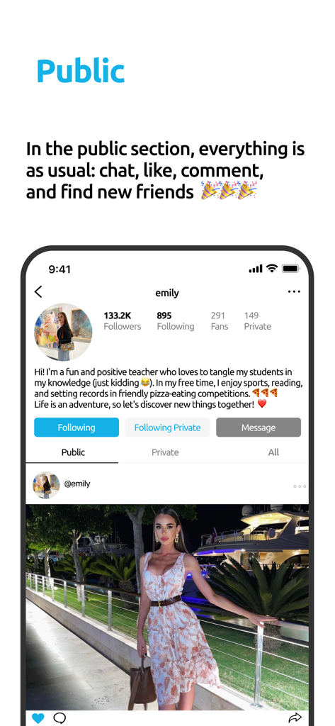 Screenshot of the Your Fans app public section showing a user profile with followers stats and a lifestyle post