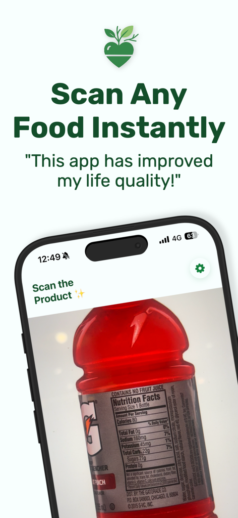 Food AI Scanner Product Scan - Smartphone interface scanning a nutrition facts label on a red bottled beverage
