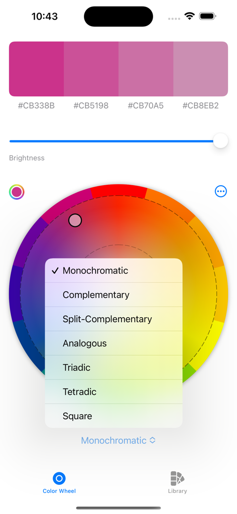 Color Scheme & Wheel - HEXコード付きのデジタルカラーホイールで単色カラーパレットの選択を表示するColor Scheme and Wheelモバイルアプリのインターフェース