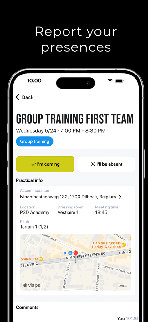 Mobile App-Oberfläche mit Details zum Fußballtraining und Optionen zur Anwesenheitsmeldung