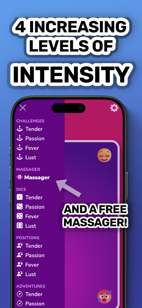 Sex Games for Couples • Blush - Interfaz de la aplicación Blush que muestra cuatro niveles de intensidad y una función gratuita de vibrador para el teléfono.