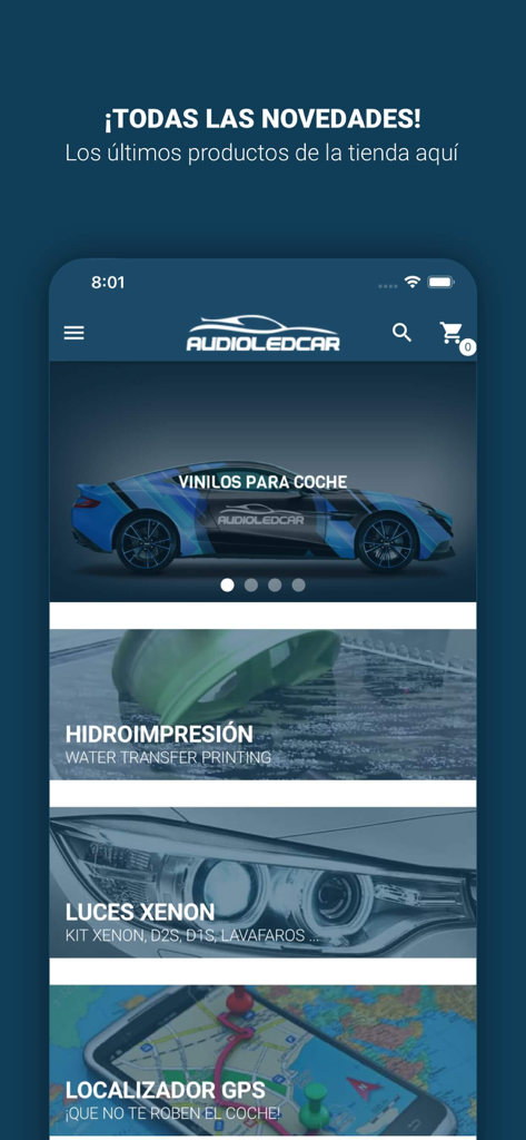 Audioledcar Accesorios Coche - Interfaccia dell'app mobile Audioledcar che mostra accessori e ricambi per il tuning auto