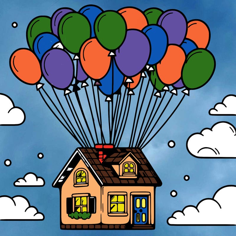 house floating from lots of balloons
