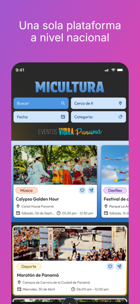 Interface of the Agenda Mi Cultura app showing a visual feed of cultural events in Panama with search filters and categories