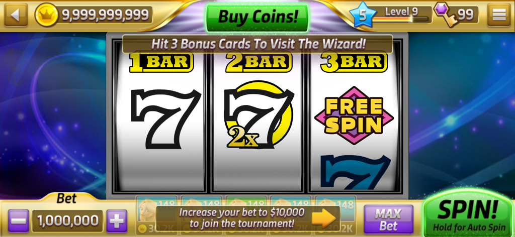 Classic Slots Casino - Interfaz de juego de una clásica máquina tragamonedas de 3 rodillos con 7s y símbolos de BAR