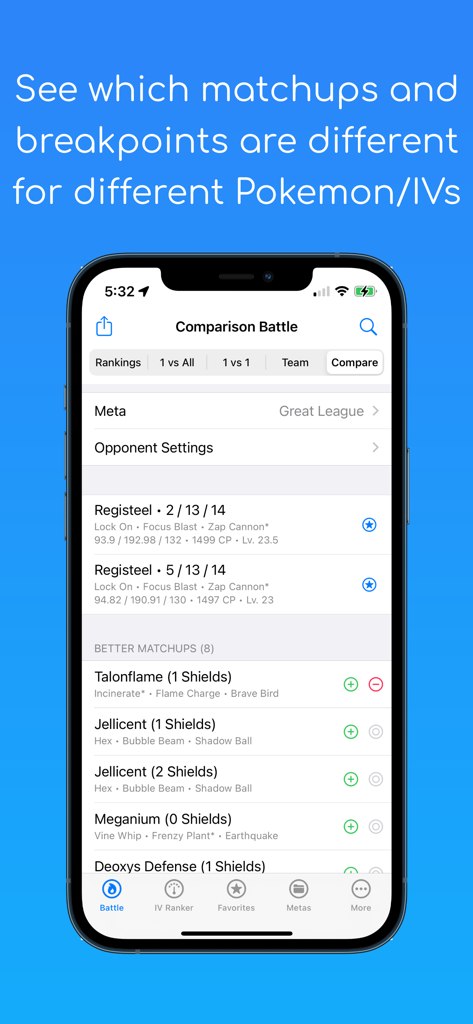 PVP IV - Screenshot of the PVP IV app comparing battle outcomes and breakpoints for two different sets of Pokemon IVs