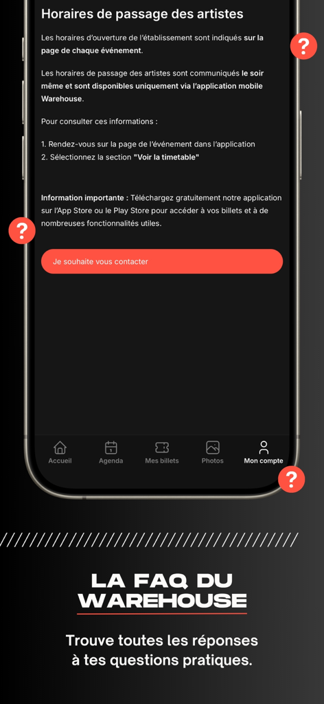 Warehouse App FAQ-Bildschirm mit Künstler-Setzeiten und Kontakt-Button