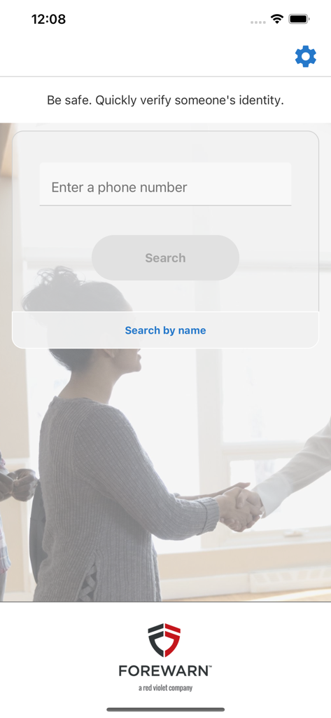 Main search screen of the FOREWARN app for verifying identity and safety