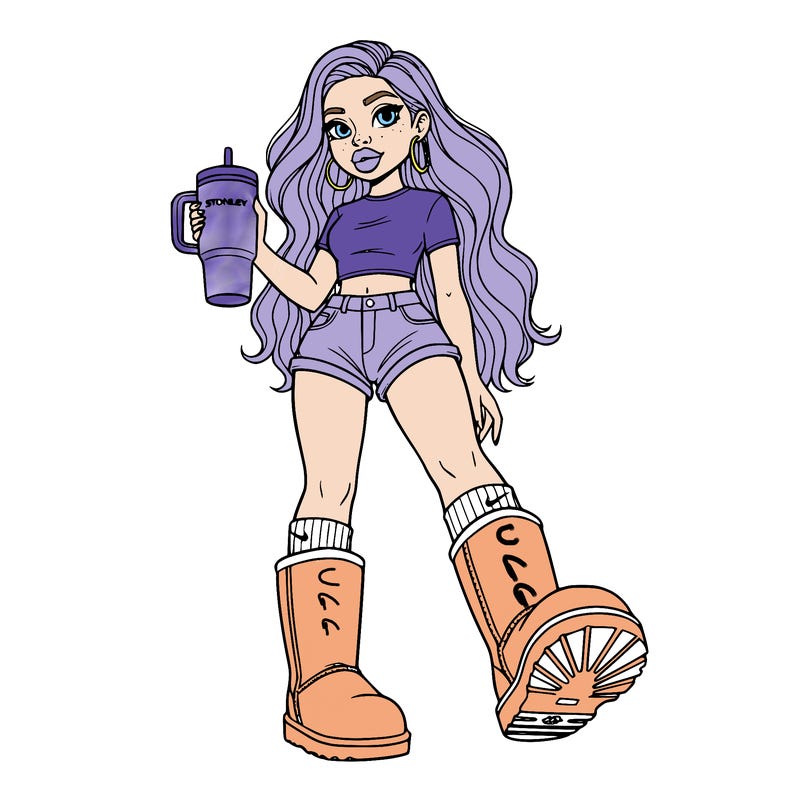 short girl with long wavy hair short shorts crop top wearing uggs and nike socks holding a stanley cup has earing and big lips she's short and really cute