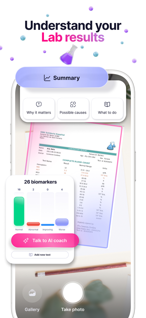Elfie - Health & Rewards - Écran d'analyse des résultats de laboratoire de l'application Elfie affichant des résumés de biomarqueurs et un coach IA