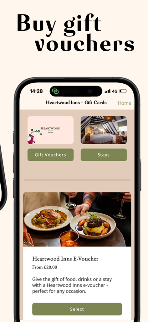 Heartwood Inns app interface for purchasing gift vouchers for dining and overnight stays.