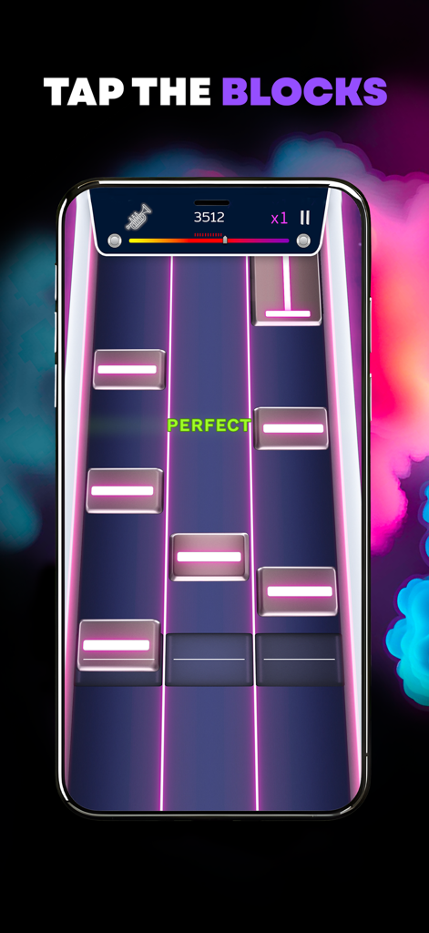 Musicality Beats - Um smartphone exibindo o jogo de ritmo Musicality Beats com a instrução de tocar nos blocos.