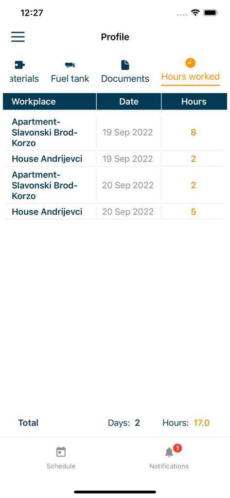 STAS Organizer - Schermata dell'app mobile STAS Organizer che mostra un registro delle ore lavorate in diversi cantieri edili