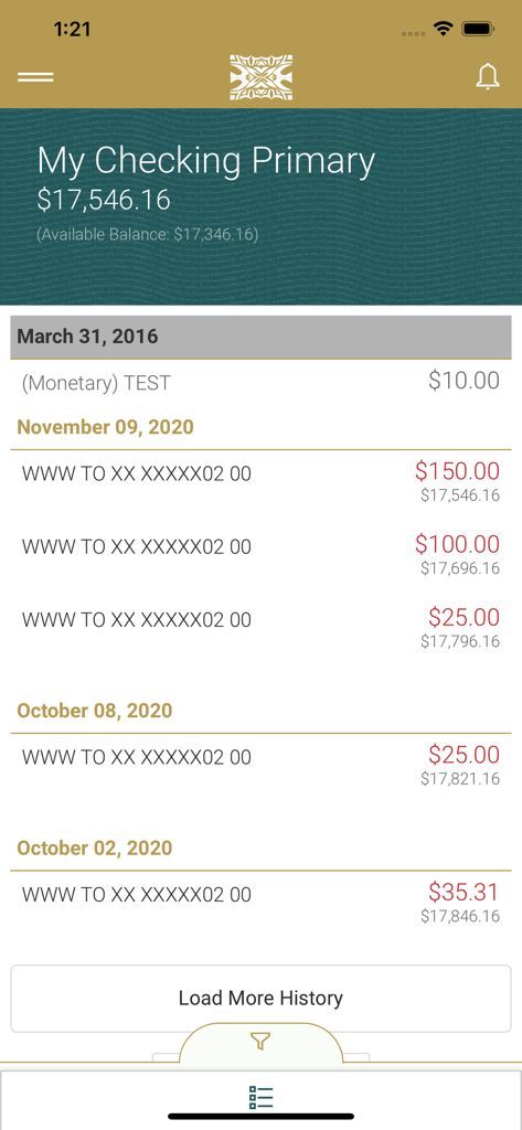 TBAS - Checking account balance and transaction history screen in the TBAS mobile banking app.