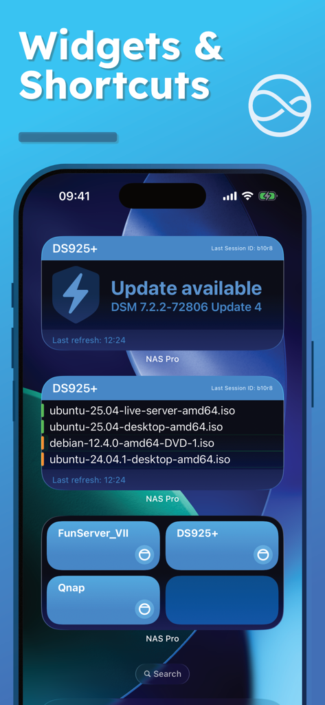 iPhone home screen displaying NAS Pro widgets for server updates and shortcuts