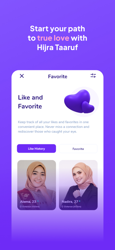 Screenshot of the Hijra Taaruf app showing the Like and Favorite feature with Muslim women profiles.