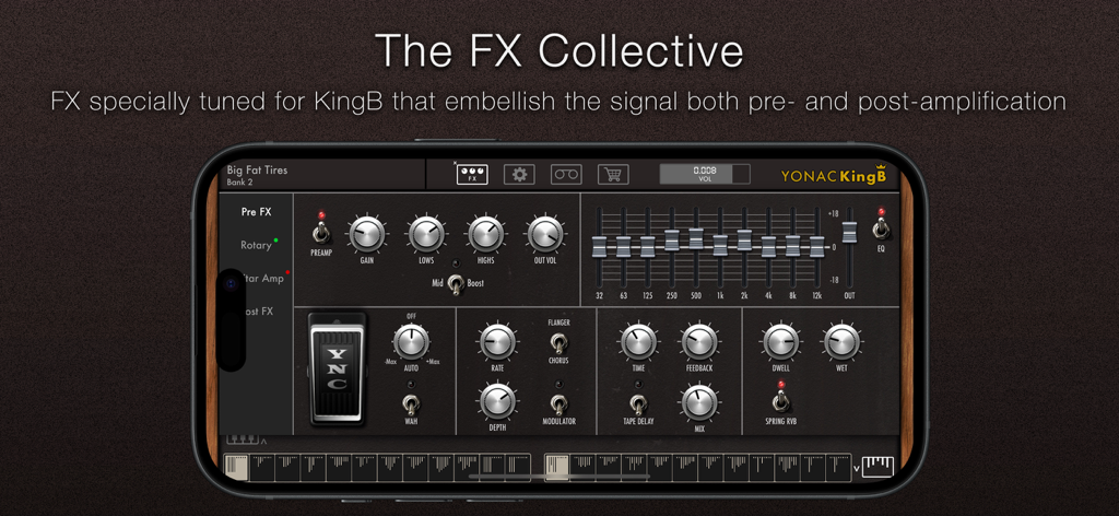 KingB Organ - KingB Organ app showing the FX Collective with pre-amplification controls on a smartphone