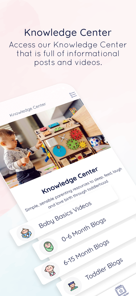 The Knowledge Center screen of the Moms on Call app showing parenting videos and blog categories by age