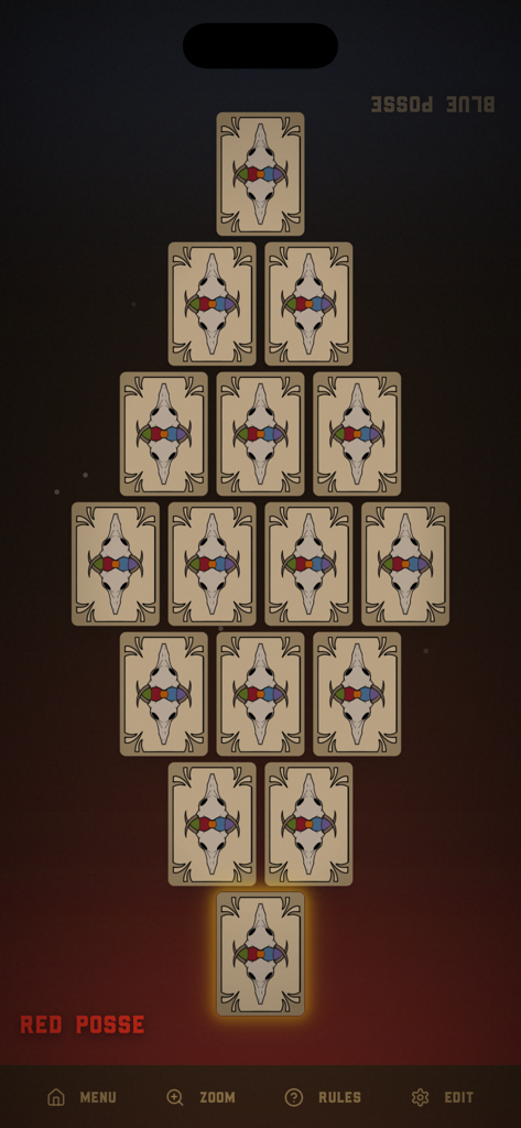 Cardy Cardy Flip Game - Wild West party game board showing a diamond pattern of cards for Red Posse and Blue Posse
