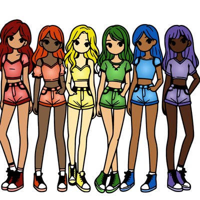 a group of girls wearing crop tops and shorts