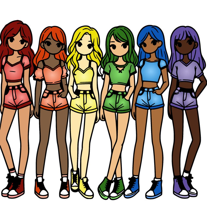 a group of girls wearing crop tops and shorts