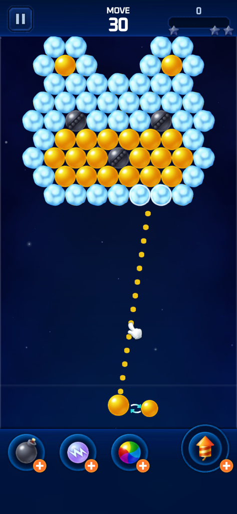 Bubble Star Plus : BubblePop! - Bubble shooter gameplay showing a level with blue and yellow bubbles and aiming trajectory