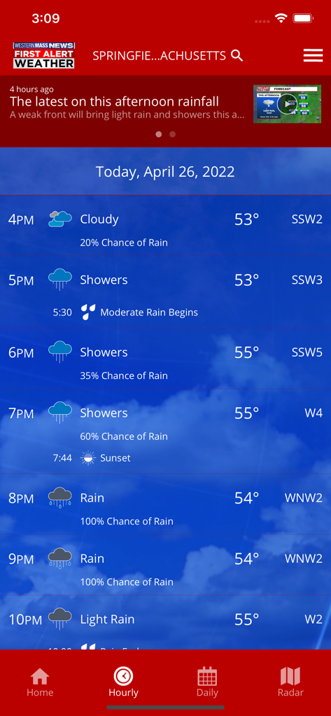 Western Mass News Weather - Western Mass News Weather app interface showing an hourly forecast for Springfield Massachusetts