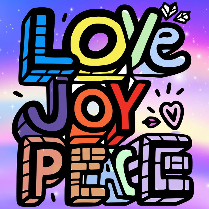 the word in block letters "love, joy, peace"