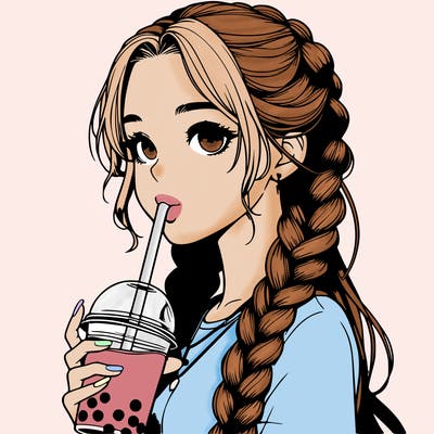 realistic girl with braided hair drinking boba