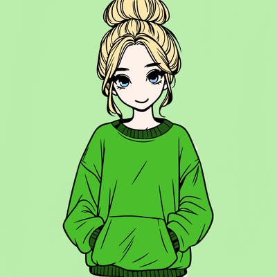 realistic girl with a oversized sweatshirt and a bun