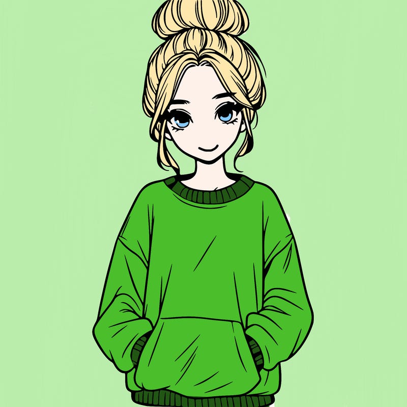 realistic girl with a oversized sweatshirt and a bun