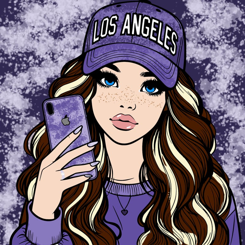 realistic beautiful girl wearing los ángeles cap holding an iphone