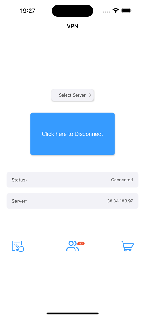 VPN - 夏时国际加速器 VPN - Interface of the Xiashi VPN app showing a successful connection to a server with a large blue disconnect button