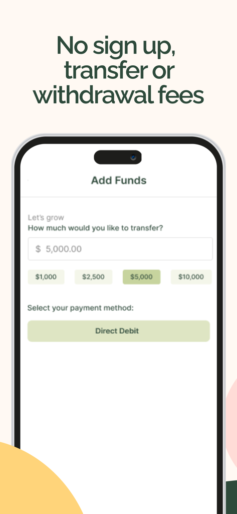Blossom – Save & Invest. - Screenshot of the Blossom app Add Funds screen showing zero transfer fees and a five thousand dollar deposit amount.