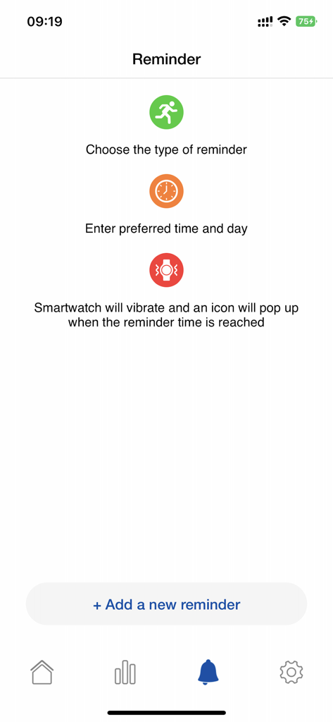 Interface of the Goji Active app showing instructions on how to set a reminder for the connected smartwatch